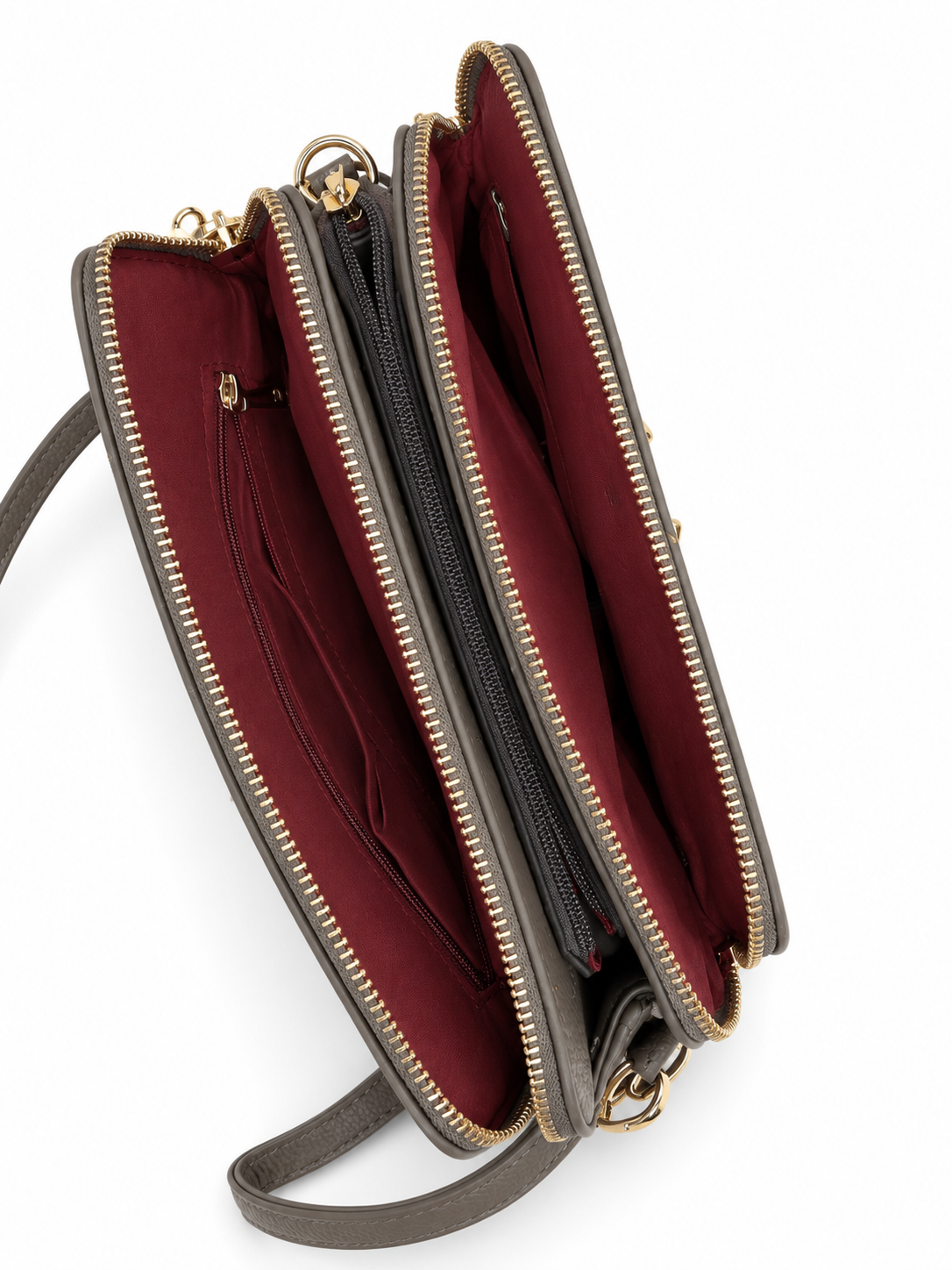 Elegant Triple-Compartment Crossbody Bag – Grey